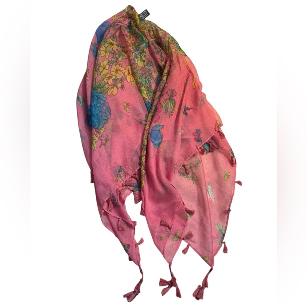 NWT Scarf / Wrap Pink Floral Blue & Yellow Flowers & Butterflies Tassels Chuns